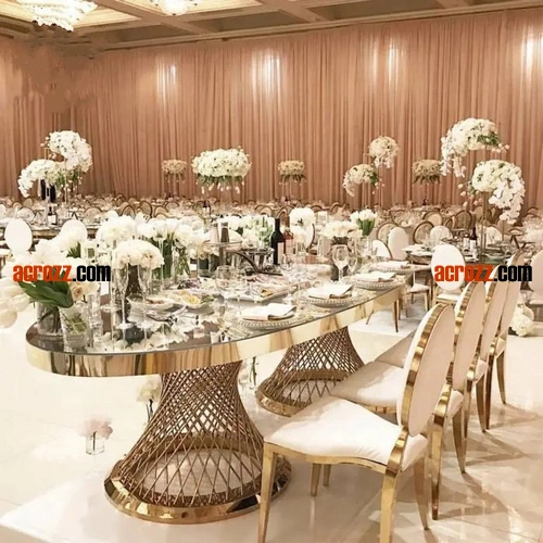 Factory Party Wedding Table Gold Silver Stainless Steel Plating Marble Desktop Oval Banquet Dining Table