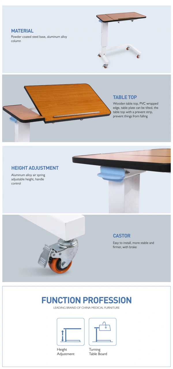 Adjustable Patient Dining Table Wooden Medical Furniture Device Overbed Bedside Table with Wheels in Patient Room